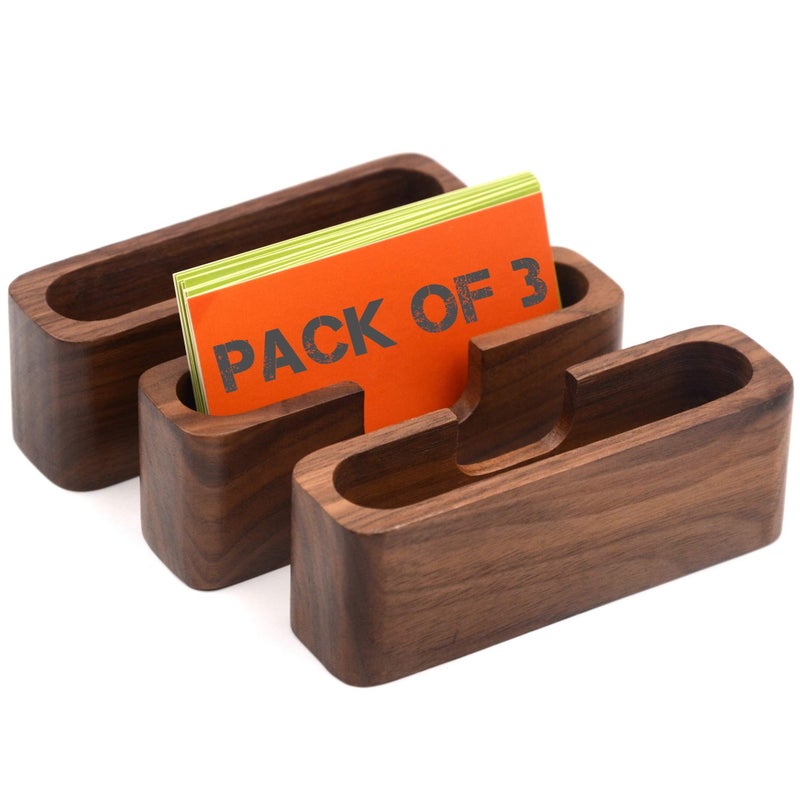 Bamber 3-Pack Walnut Wood Business Card Holder for Desk Wooden Business Card Organizer Case Stand - Image 1